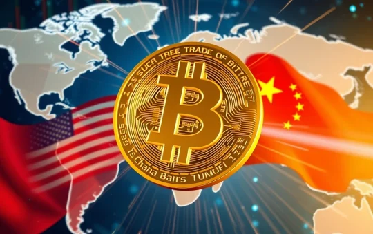 A Bitcoin symbol prominently displayed against a backdrop of a world map, representing the positive impact of a potential US-China tariff truce on the crypto market.