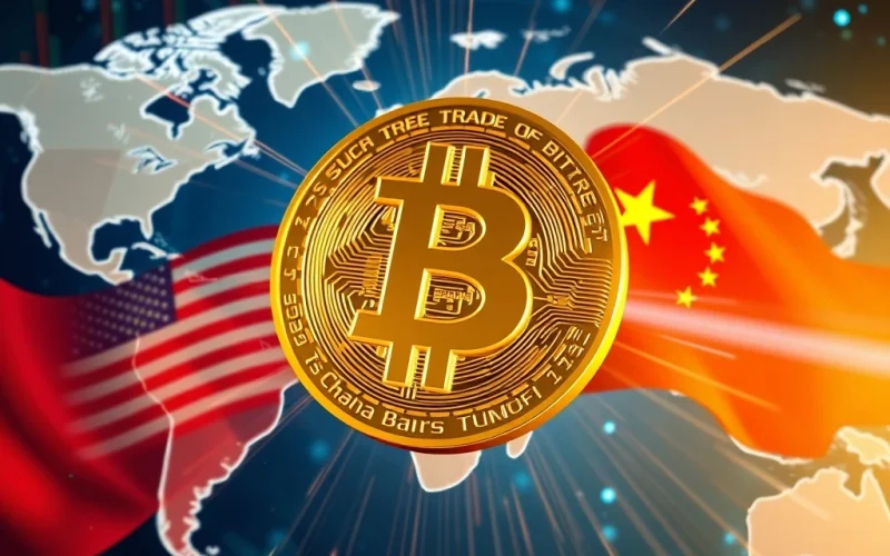 A Bitcoin symbol prominently displayed against a backdrop of a world map, representing the positive impact of a potential US-China tariff truce on the crypto market.