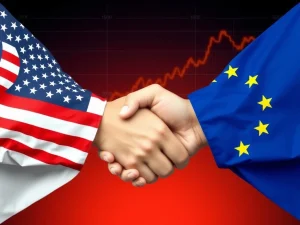 Bitcoin surge chart alongside U.S. and E.U. flags, illustrating the positive market impact of the US-EU trade deal.