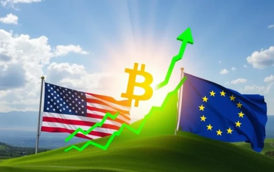 A soaring Bitcoin price chart with US and EU flags, illustrating the dramatic Bitcoin surge following the U.S.-EU trade deal.