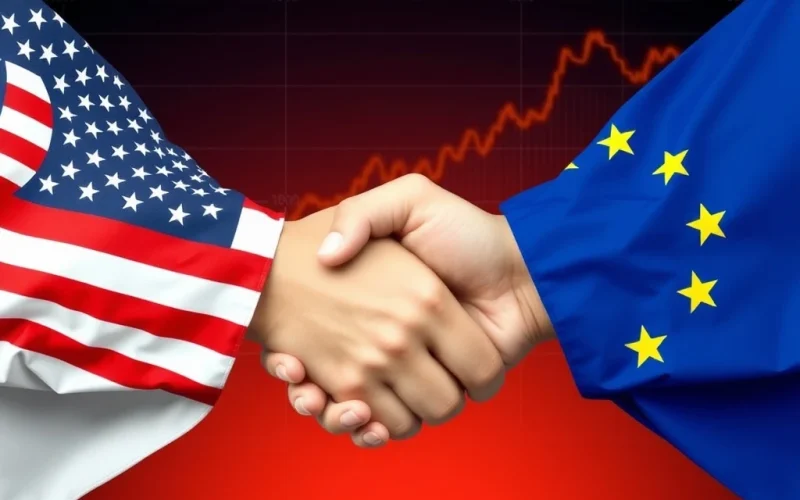 Bitcoin surge chart alongside U.S. and E.U. flags, illustrating the positive market impact of the US-EU trade deal.