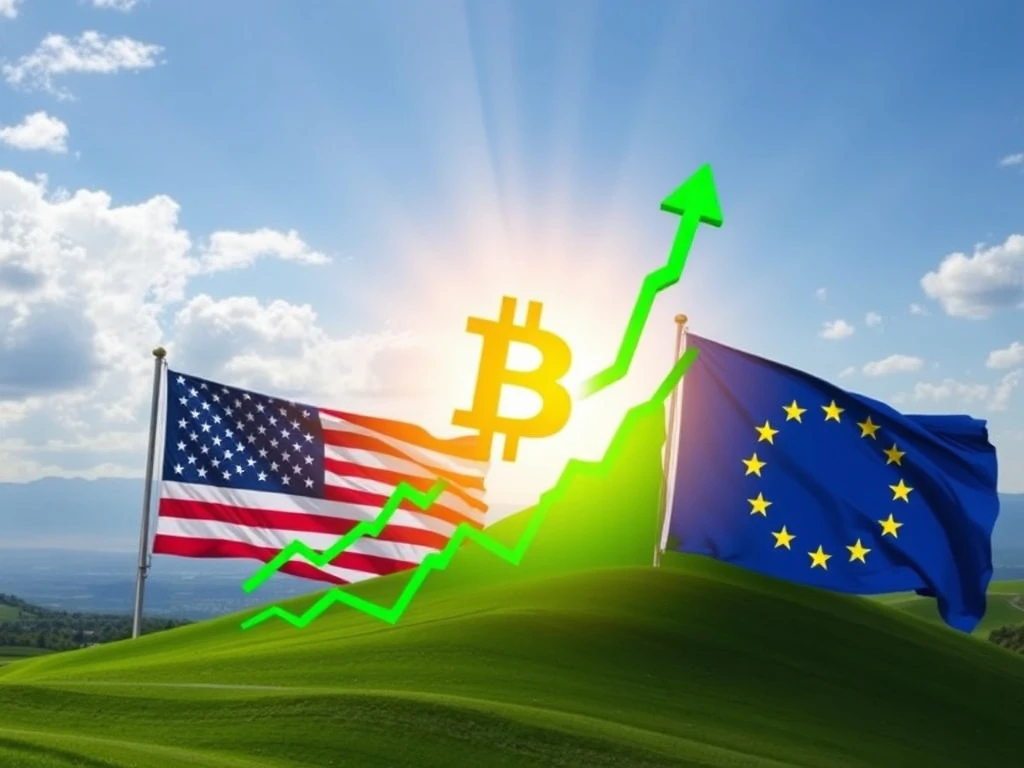 Bitcoin surge chart alongside U.S. and E.U. flags, illustrating the positive market impact of the US-EU trade deal.
