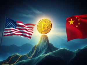 Bitcoin price chart rising sharply with US and Chinese flags in the background, symbolizing the positive impact of trade optimism on Bitcoin.