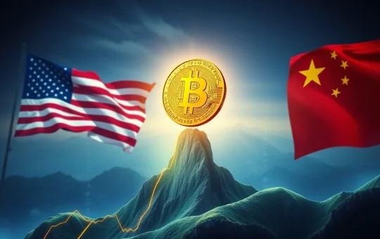 Bitcoin price chart rising sharply with US and Chinese flags in the background, symbolizing the positive impact of trade optimism on Bitcoin.