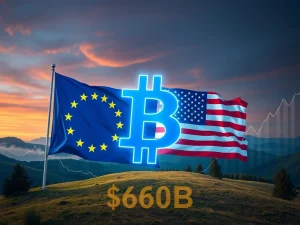 A visual representation of the EU-US trade pact's positive impact on Bitcoin news, showing growth and investment.
