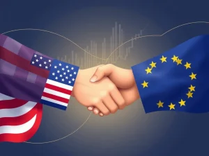 A visual representation of the US-EU Trade Pact's positive economic impact, with a subtle nod to Bitcoin News and market stability.
