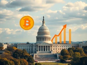 A visual representation of the monumental Bitcoin surge, showing a digital chart with an upward trend and the US flag, symbolizing the impact of the US Bitcoin reserve.