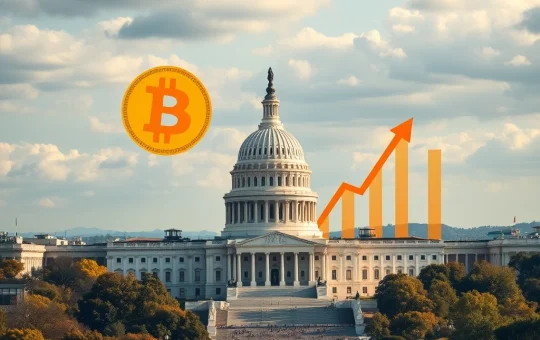 A visual representation of the monumental Bitcoin surge, showing a digital chart with an upward trend and the US flag, symbolizing the impact of the US Bitcoin reserve.