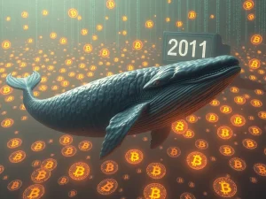 A digital whale symbolizing a Satoshi-era Bitcoin whale moving a massive amount of BTC after long dormancy, representing immense crypto gains.