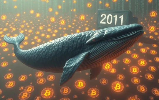 A digital whale symbolizing a Satoshi-era Bitcoin whale moving a massive amount of BTC after long dormancy, representing immense crypto gains.
