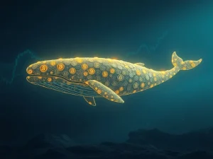 A digital whale transferring a large sum of Bitcoin, symbolizing the recent $1.7B Bitcoin whale sale and the market's resilience.