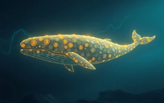 A digital whale transferring a large sum of Bitcoin, symbolizing the recent $1.7B Bitcoin whale sale and the market's resilience.