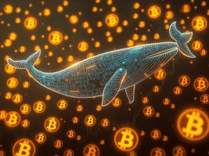 Digital representation of a large Bitcoin whale moving coins, symbolizing the impact of a massive dormant Bitcoin transfer on crypto market speculation.