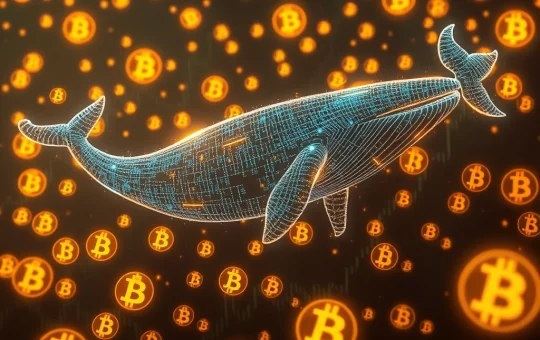 Digital representation of a large Bitcoin whale moving coins, symbolizing the impact of a massive dormant Bitcoin transfer on crypto market speculation.