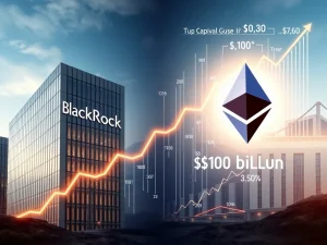 A chart showing the rapid growth of BlackRock ETHA AUM, symbolizing its monumental $10 billion milestone and driving crypto investment.