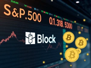 Visualizing Block Inc.'s historic inclusion in the S&P 500, highlighting its pivotal role in mainstreaming Bitcoin integration.