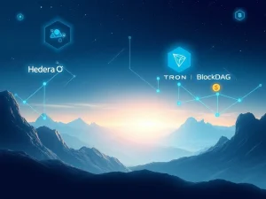 BlockDAG, Hedera HBAR, and Tron TRX symbols converging on a blockchain network, illustrating their collective impact on crypto innovation and investment growth.