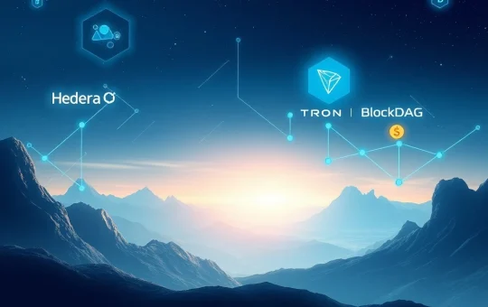 BlockDAG, Hedera HBAR, and Tron TRX symbols converging on a blockchain network, illustrating their collective impact on crypto innovation and investment growth.