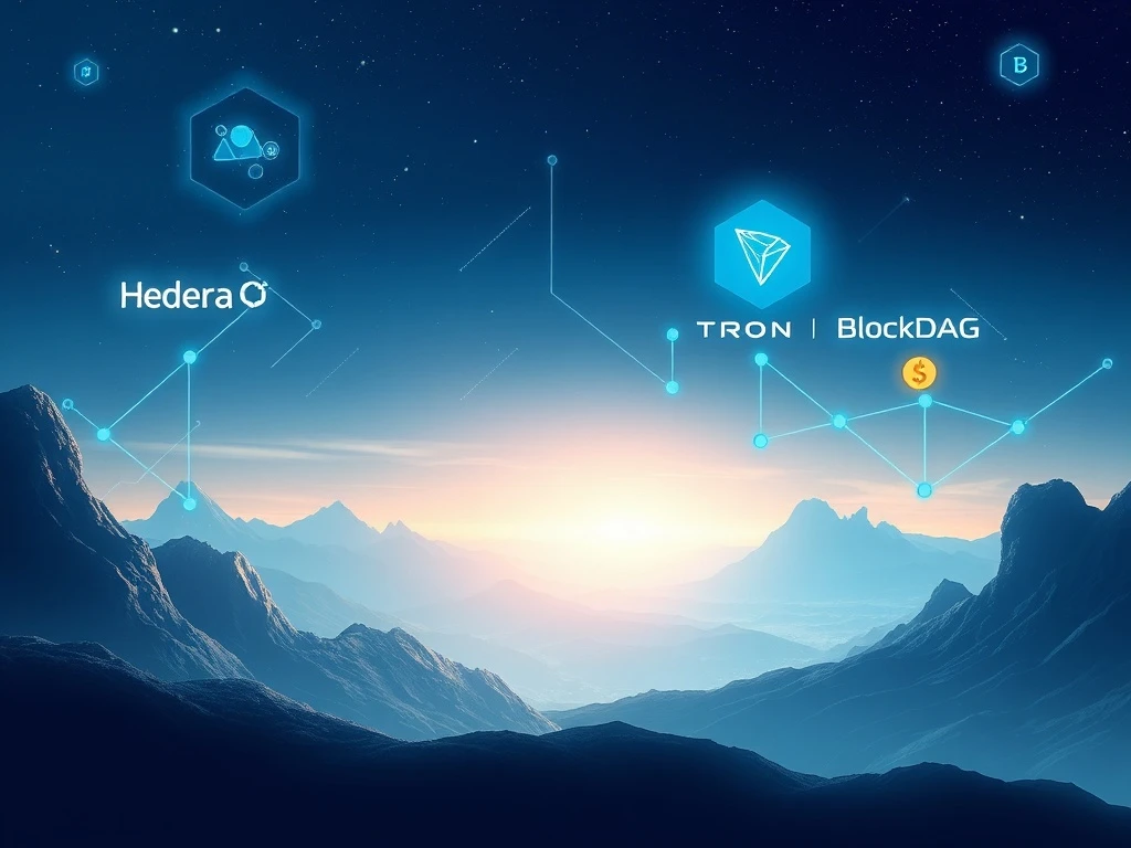 BlockDAG, Hedera HBAR, and Tron TRX symbols converging on a blockchain network, illustrating their collective impact on crypto innovation and investment growth.