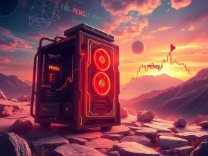 A dynamic illustration showing BlockDAG's X10 mining rig alongside charts representing the surging PENGU rally and Chainlink's price targets, symbolizing innovation in crypto mining and market growth.