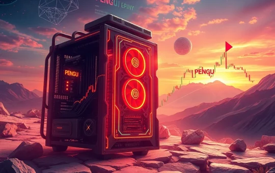 A dynamic illustration showing BlockDAG's X10 mining rig alongside charts representing the surging PENGU rally and Chainlink's price targets, symbolizing innovation in crypto mining and market growth.