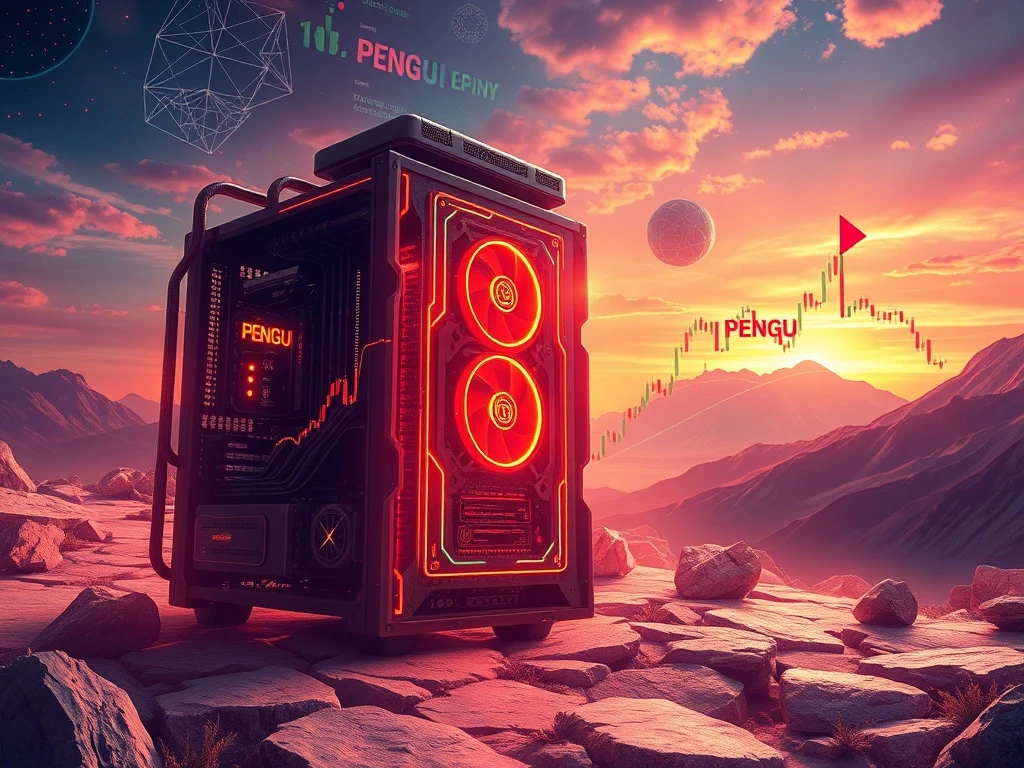 A dynamic illustration showing BlockDAG's X10 mining rig alongside charts representing the surging PENGU rally and Chainlink's price targets, symbolizing innovation in crypto mining and market growth.