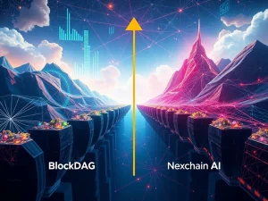 A vibrant visual representing BlockDAG's impressive $353M crypto presale success, overshadowing Nexchain AI's raise.