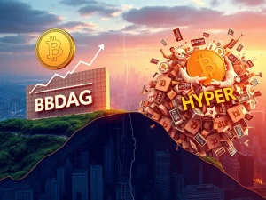 A digital visualization contrasting BlockDAG presale's steady growth with Bitcoin Hyper's volatile meme coin hype in the crypto market.