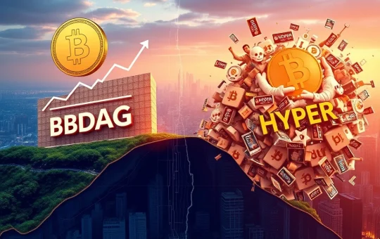 A digital visualization contrasting BlockDAG presale's steady growth with Bitcoin Hyper's volatile meme coin hype in the crypto market.