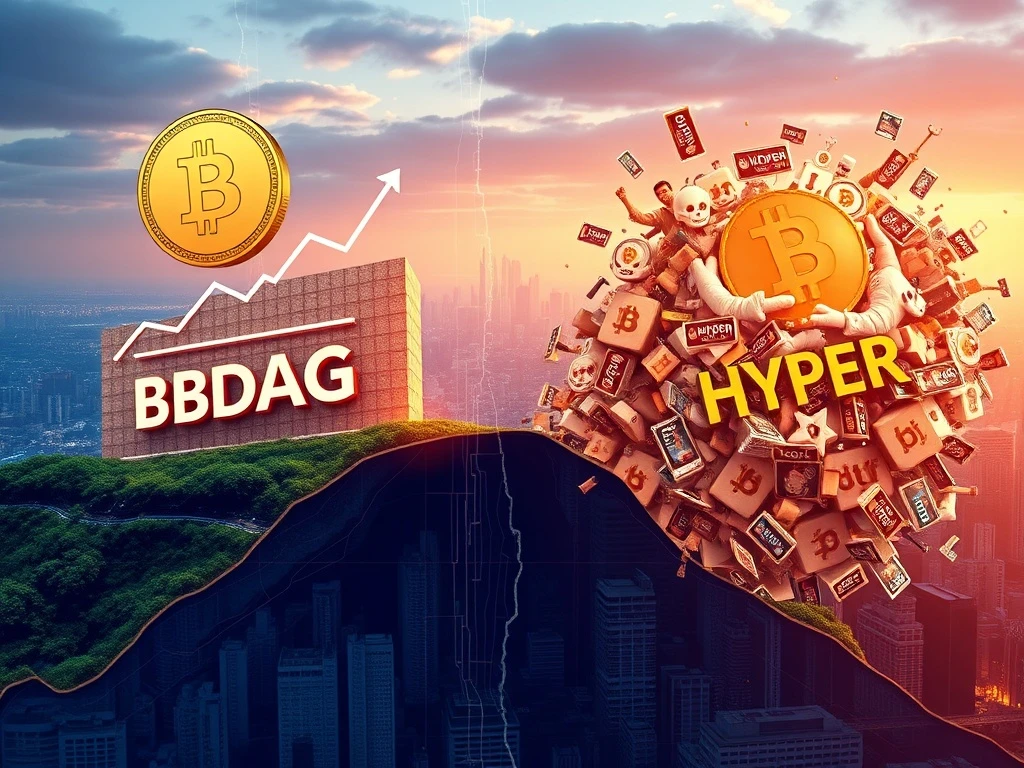 A digital visualization contrasting BlockDAG presale's steady growth with Bitcoin Hyper's volatile meme coin hype in the crypto market.