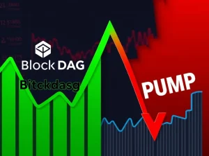 A dynamic chart showing BlockDAG presale success and Kaspa price surge contrasted with PUMP coin's sharp decline, illustrating current crypto market trends.