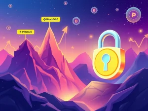 A visual representation of BlockDAG presale success with charts, PENGU crypto price rising, and a locked TRUMP coin icon, symbolizing current crypto market dynamics.