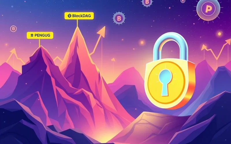 A visual representation of BlockDAG presale success with charts, PENGU crypto price rising, and a locked TRUMP coin icon, symbolizing current crypto market dynamics.