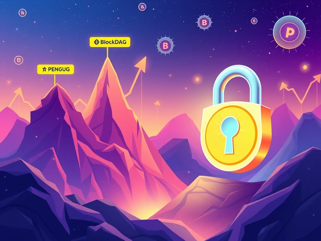 A visual representation of BlockDAG presale success with charts, PENGU crypto price rising, and a locked TRUMP coin icon, symbolizing current crypto market dynamics.