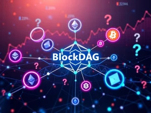 BlockDAG's projected ROI amidst crypto market speculation, with Ethereum and Chainlink symbols in the background.
