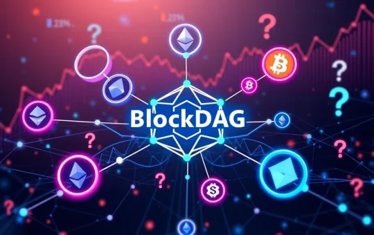BlockDAG's projected ROI amidst crypto market speculation, with Ethereum and Chainlink symbols in the background.