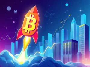 A vibrant digital representation of the BNB coin soaring upwards, symbolizing its price rally and market dominance.