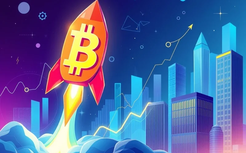 A vibrant digital representation of the BNB coin soaring upwards, symbolizing its price rally and market dominance.