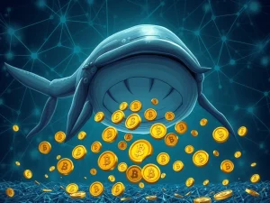 A digital whale representing large investors selling off BONK, illustrating the recent BONK price plunge on the Solana network.