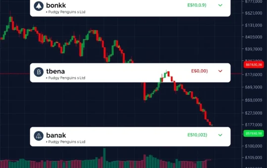 Cryptocurrency market chart showing Bonk, Pudgy Penguins, and Ethena testing Fibonacci levels after sharp drops.