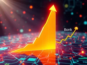 A visual representation of BONK trading volume exploding on the Solana blockchain, illustrating the rapid surge in the meme coin market.