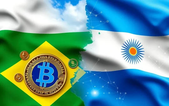 Illustrates the intense Brazil crypto tax debate and regulatory challenges faced by digital assets in Latin America, with symbols representing both countries.