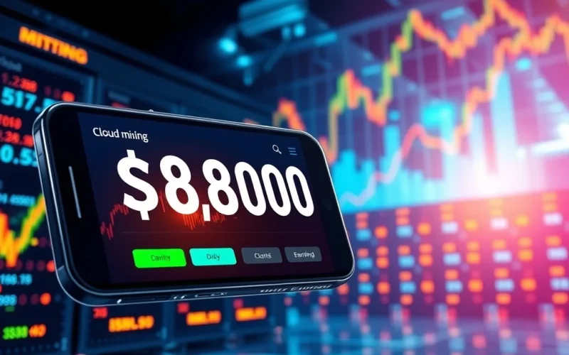 A phone displaying BTC Miner's high daily earnings, symbolizing potential crypto investment returns amidst Bitcoin's surge.