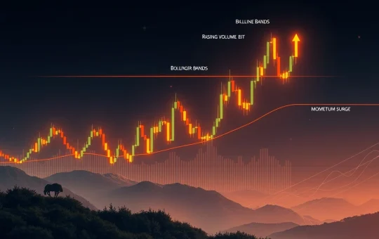 A detailed BTCUSDT chart displaying a strong bullish engulfing pattern and rising volume, indicating a potential upward trend in Bitcoin price.