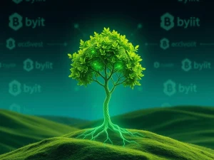A visual representation of the Bybit TREE Token listing, symbolizing the growth of environmental blockchain and green crypto initiatives through strategic partnerships.