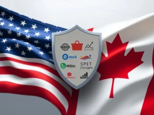 Two hands, one representing the US and one Canada, shaking over a map, symbolizing the bipartisan effort of the CANADA Act to resolve Trump tariffs.