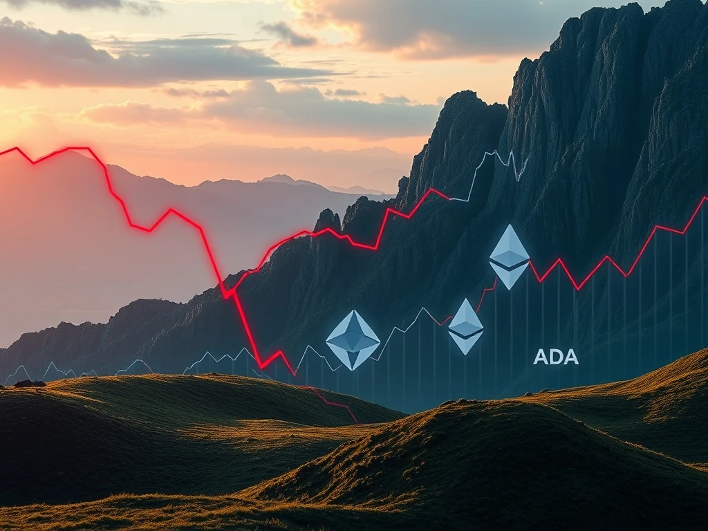 Illustrates the dramatic drop in Cardano price amidst a broader crypto selloff, reflecting market volatility and investor concerns.