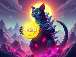 A digital illustration of Catzilla, a new meme coin, soaring above crypto charts, symbolizing its potential as a SHIB successor.
