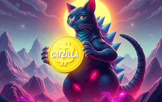 A digital illustration of Catzilla, a new meme coin, soaring above crypto charts, symbolizing its potential as a SHIB successor.