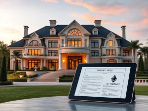 A luxurious property transaction being finalized with Bitcoin Ethereum transactions, symbolizing the fusion of digital assets and high-end real estate.